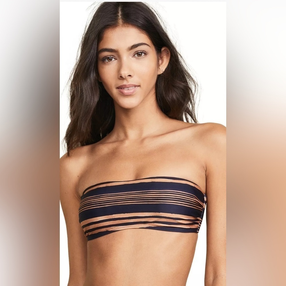NWT ViX | Stripe Isabela Bandeau Bikini‎ Top in Navy Blue & Gold Size Small Swim